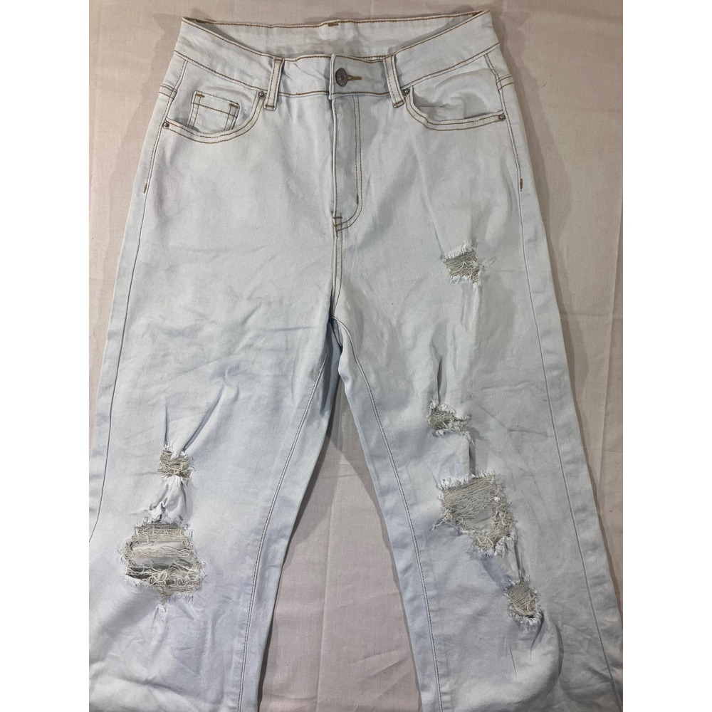 Womens Light Wash Distressed Ripped Jeans Wide Leg Cropped Denim Pants‎ Size S